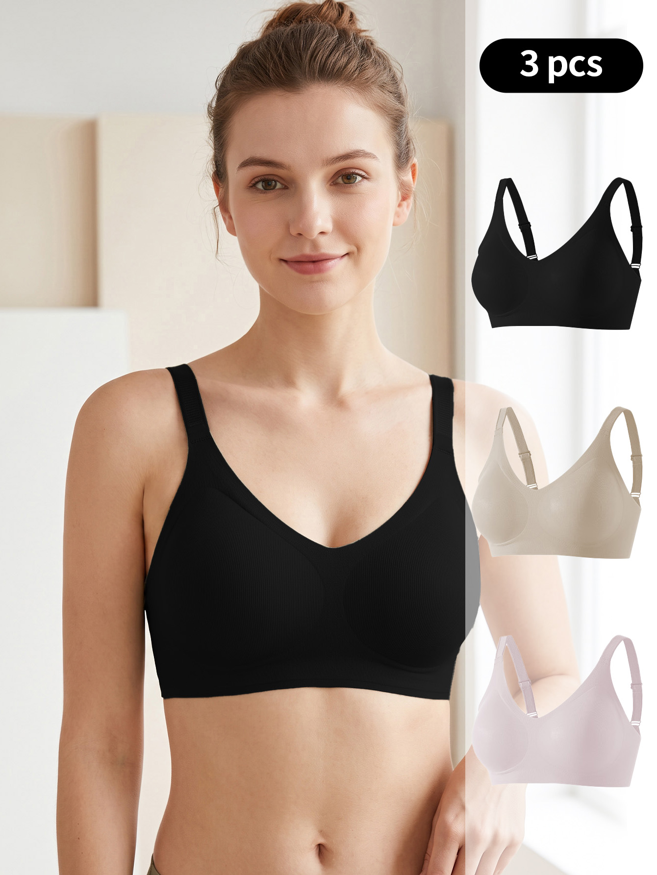 Wirefree Bra Comfort - ชุดชั้นในไร้โครงสำหรับผู้หญิง 3 ชิ้น แบบไร้รอยต่อ คอวี สายปรับได้